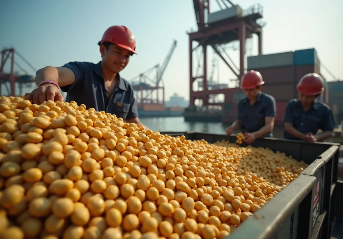 China importa soja estadounidense tras guerra comercial, actividad en puerto con contenedores y trabajadores