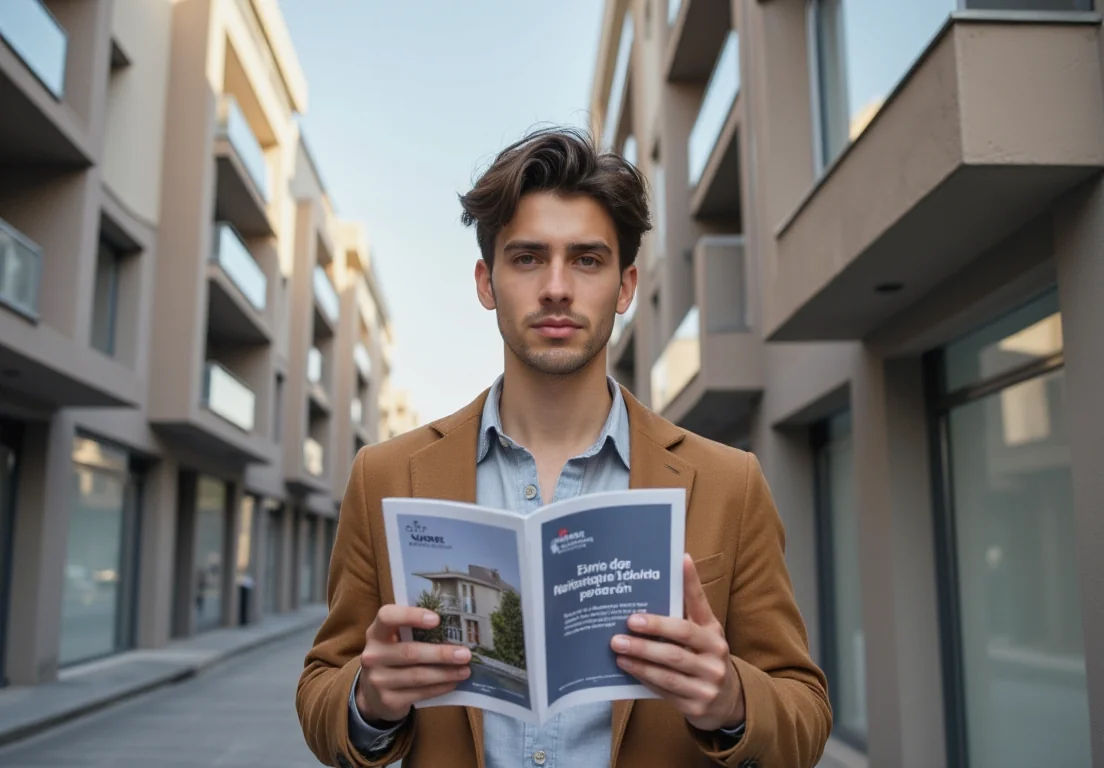 Joven recibiendo información sobre hipotecas al 100% en Madrid, con carteles de apoyo al plan Mi Primera Vivienda.