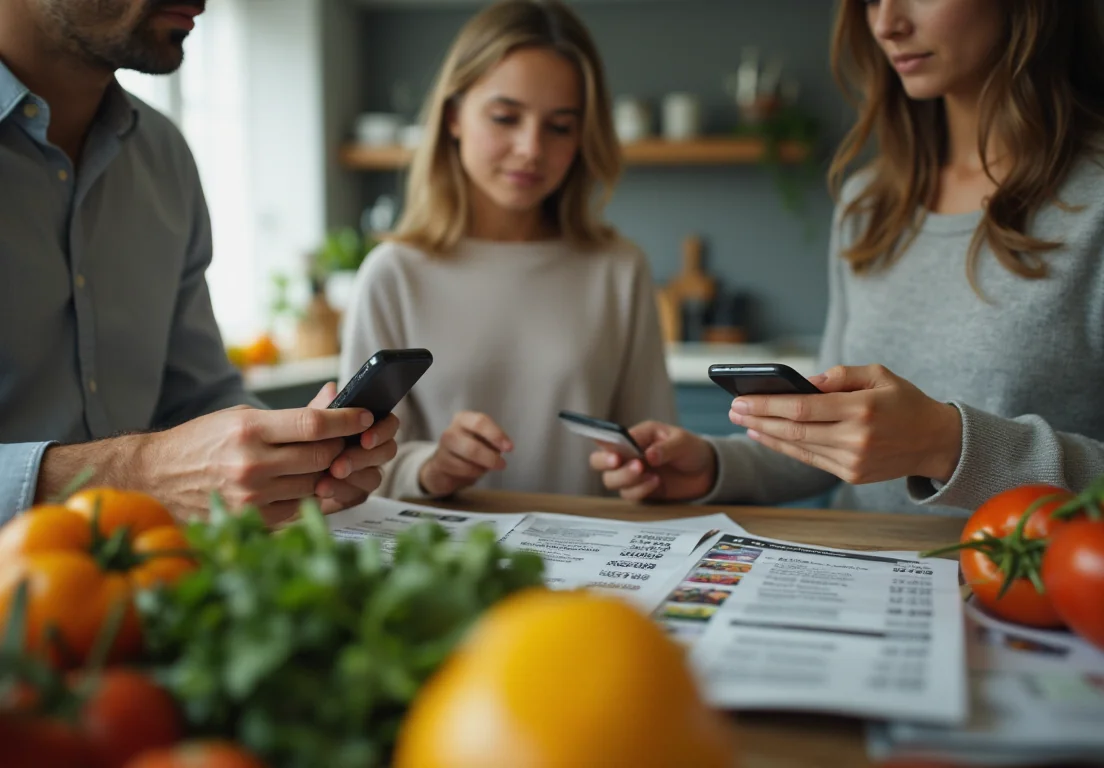 Familia española comparando precios de la cesta de la compra en su cocina durante la inflación
