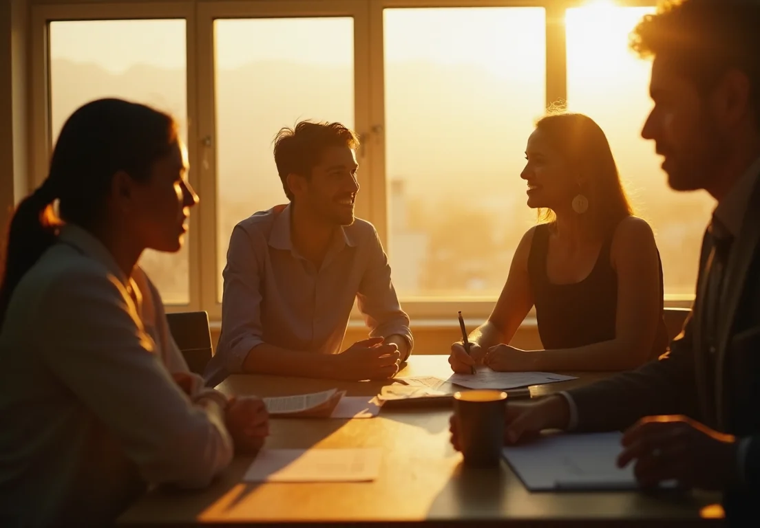 Inversión extranjera directa en reunión empresarial con luz natural y colaboración