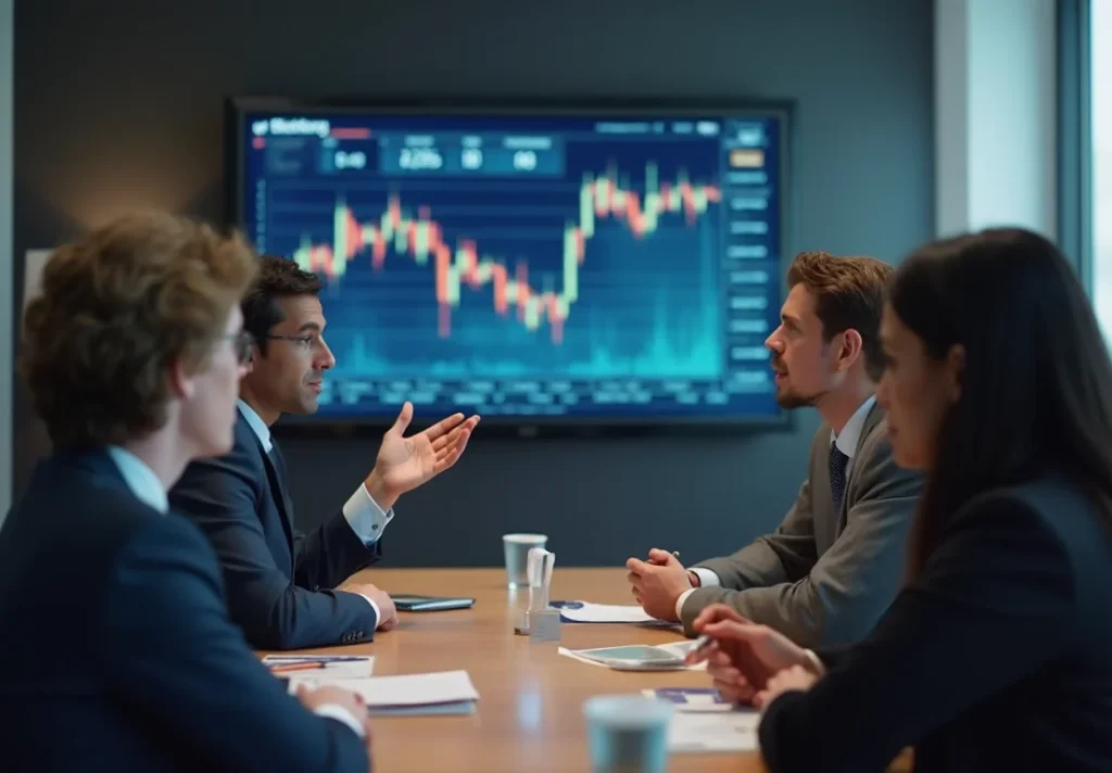 Profesionales discutiendo inflación y tipos de interés en una oficina moderna, con elementos de Bloomberg y Reuters