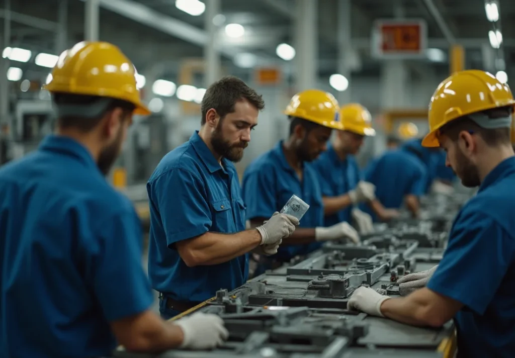 Trabajadores en una planta de fabricación de automóviles afectada por los aranceles de Trump