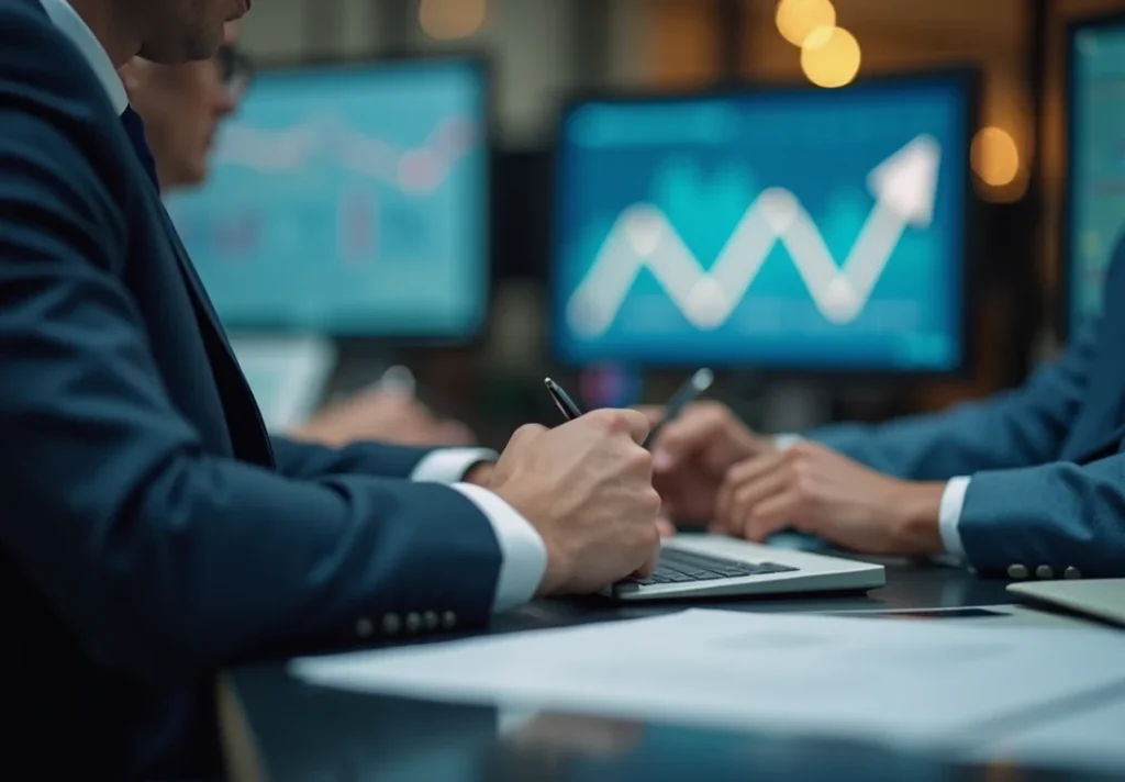Analistas financieros revisando informes económicos en una oficina moderna, temas de Fed, tipos de interés e inflación