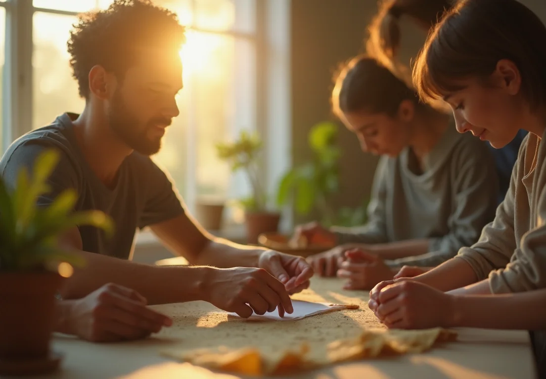 Desarrollo sostenible aplicacion en un espacio comunitario con personas colaborando en proyectos ecológicos